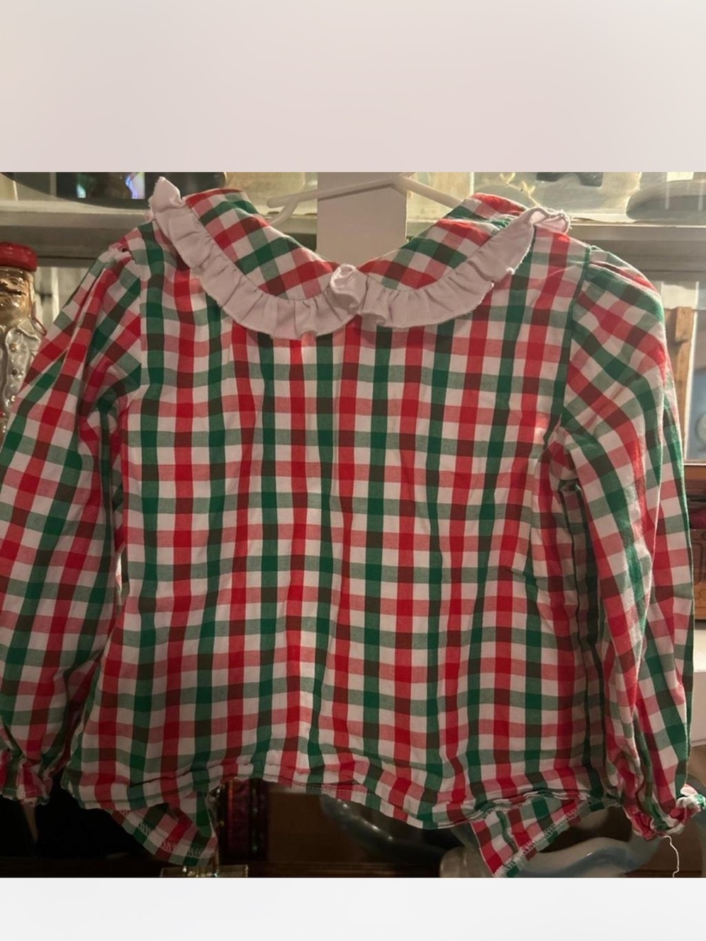 Girls' Plaid Ruffle Collar Blouse in Red, Green & White with red corduroy pants